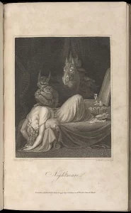 A page showing a copy of a painting with a demon laying on a person's chest